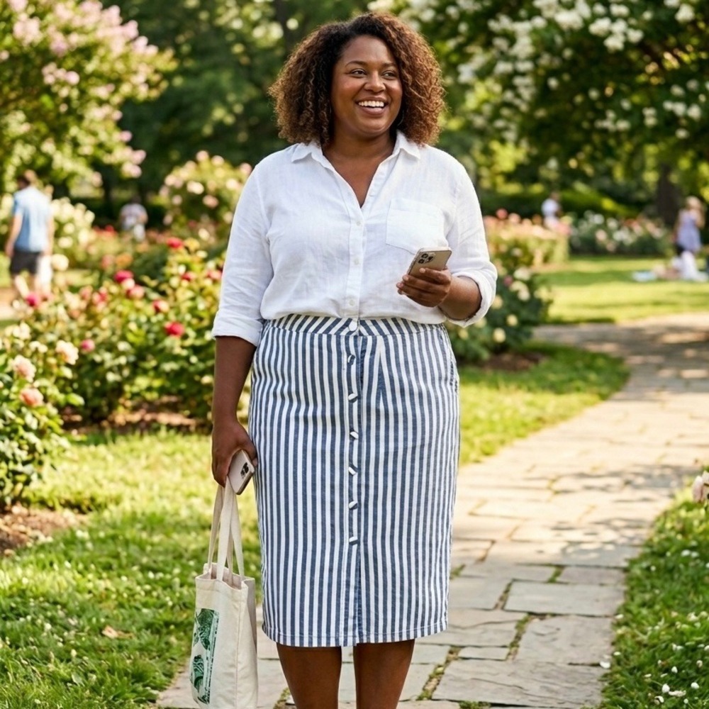 Forever 21+ Blue White Striped Cotton Button Front Midi‎ Pencil Skirt Plus 3X